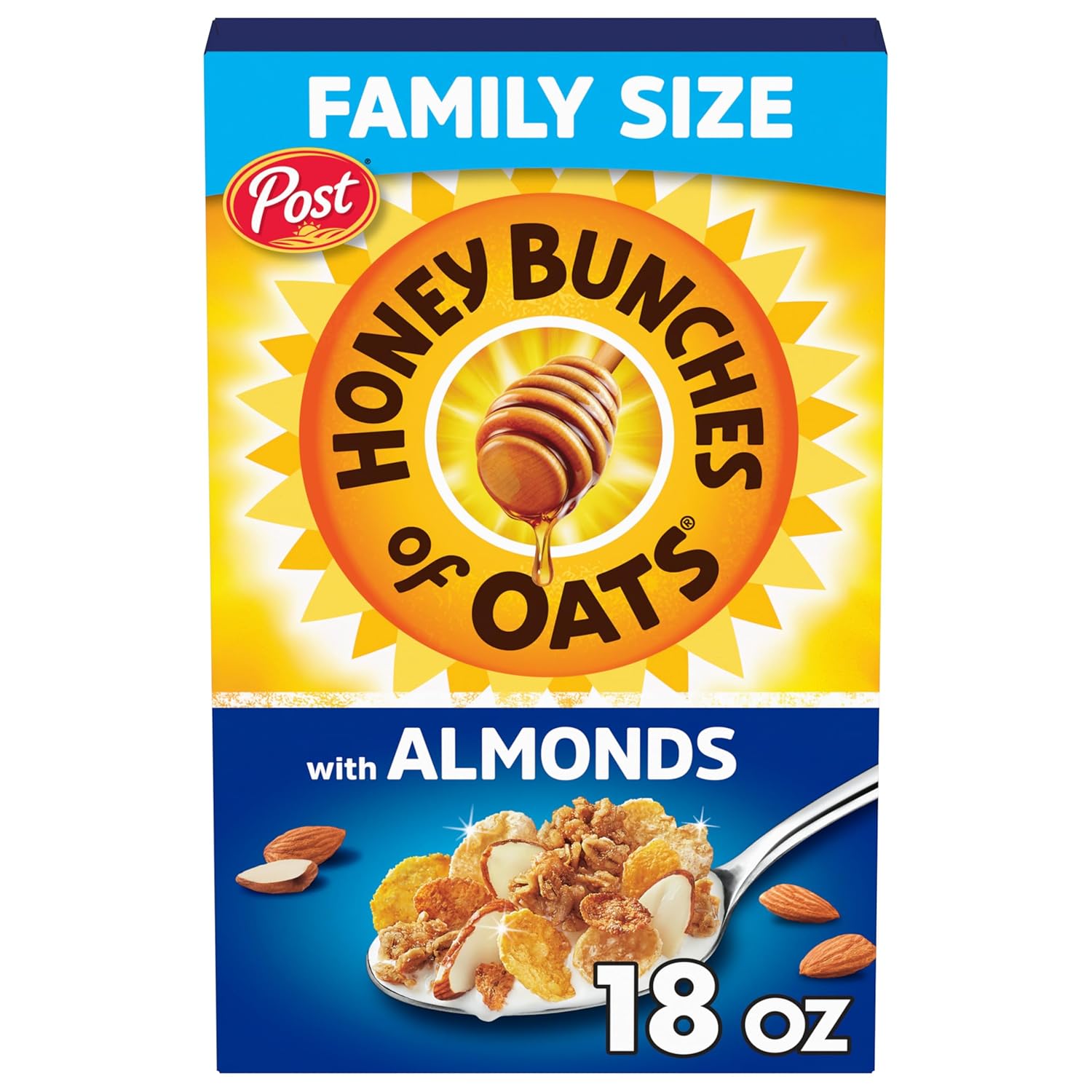 Honey Bunches of Oats with Almonds Breakfast Cereal, Almond Cereal with Oats and Granola Clusters, Family Size 18 oz Box