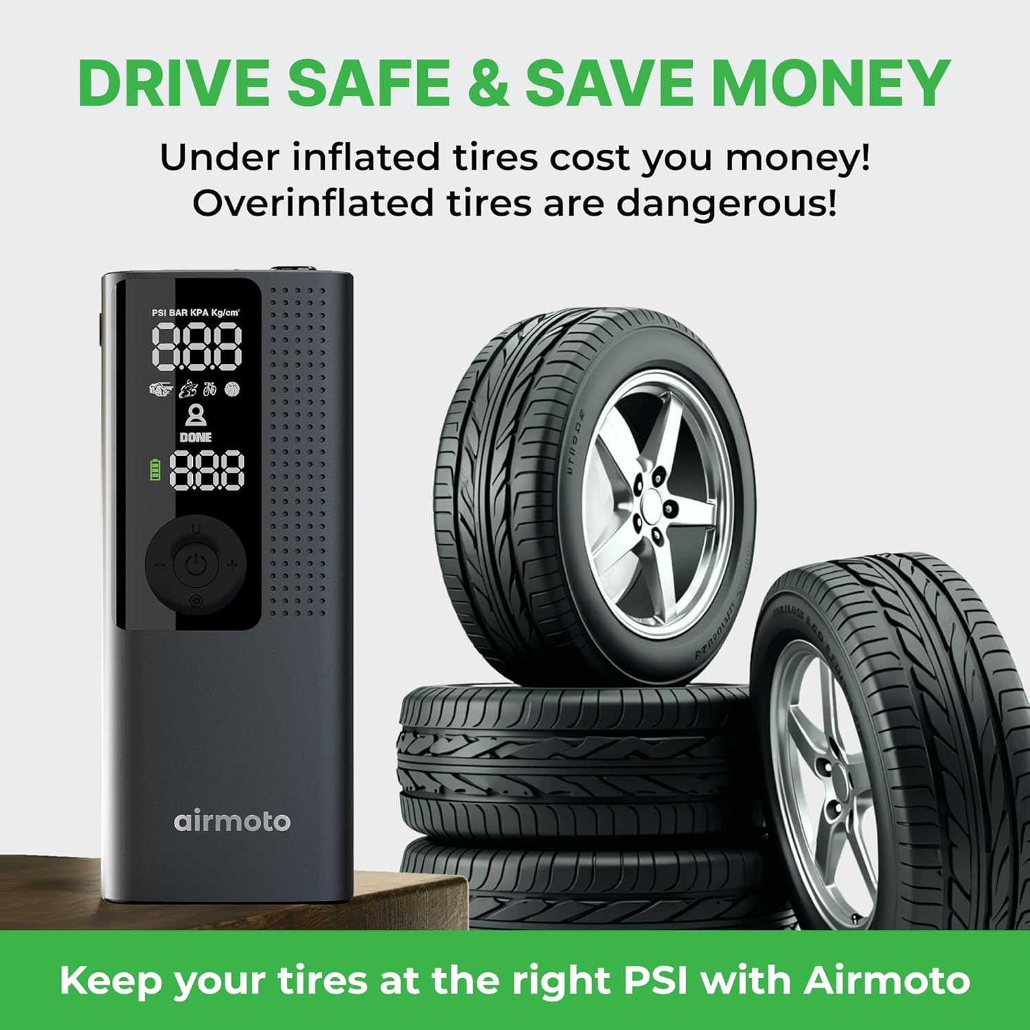 Airmoto Tire Inflator Portable Air Compressor - Air Pump For Car Tires with Digital Pressure Gauge, LED Light and Auto Shut-Off Function - Cordless Pump for Car, Motorcycle, Bicycle, Ball