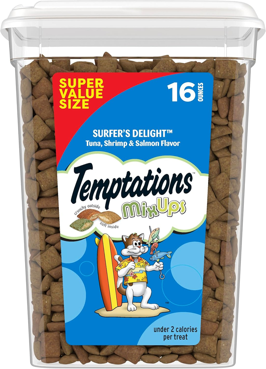 Temptations Cat Treats MixUps Surfer's Delight, Tuna, Shrimp, Salmon Flavor, Crunchy and Soft Cat Treats, 16 oz. Tub