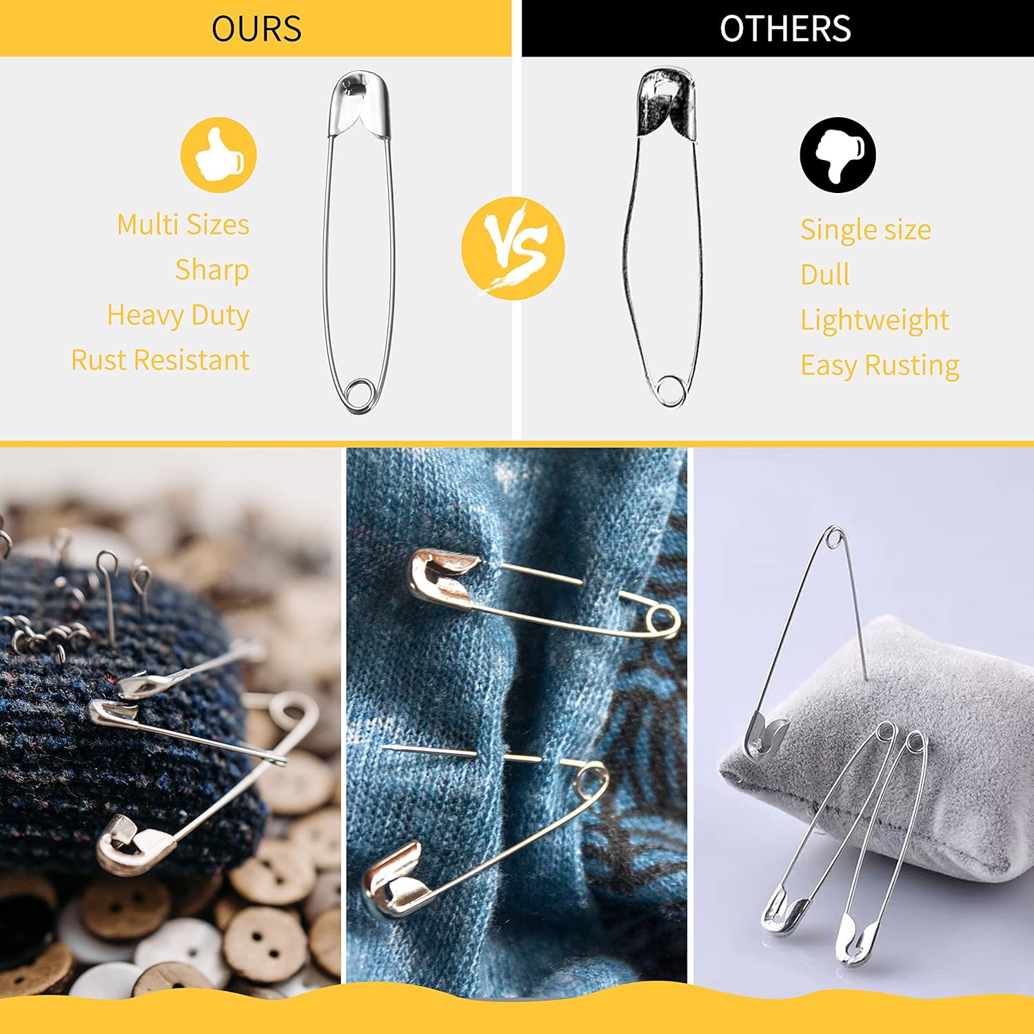 XKDOUS Safety Pins - 150 Pcs Assorted Sizes Silver Pins Bulk - Small & Large Heavy Duty for Clothes, Sewing, Craft