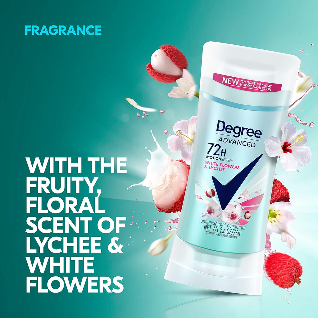 Degree Advanced Protection Antiperspirant Deodorant White Flowers & Lychee for 72-Hour Sweat & Odor Control for Women, with Body Heat Activated Technology, 2.6 oz
