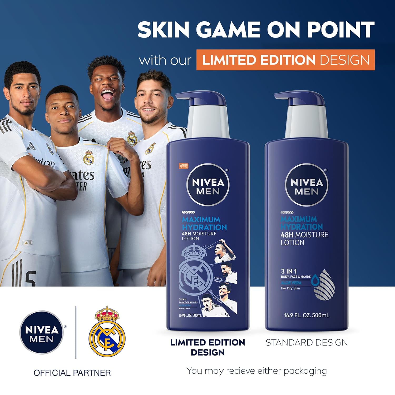 NIVEA MEN Real Madrid Limited Edition Design Maximum Hydration 48-Hour Moisture Body Lotion for Dry Skin, Aloe Vera Lotion for Men, 3-in-1 Body, Face and Hands, 16.9 Fl Oz Bottle