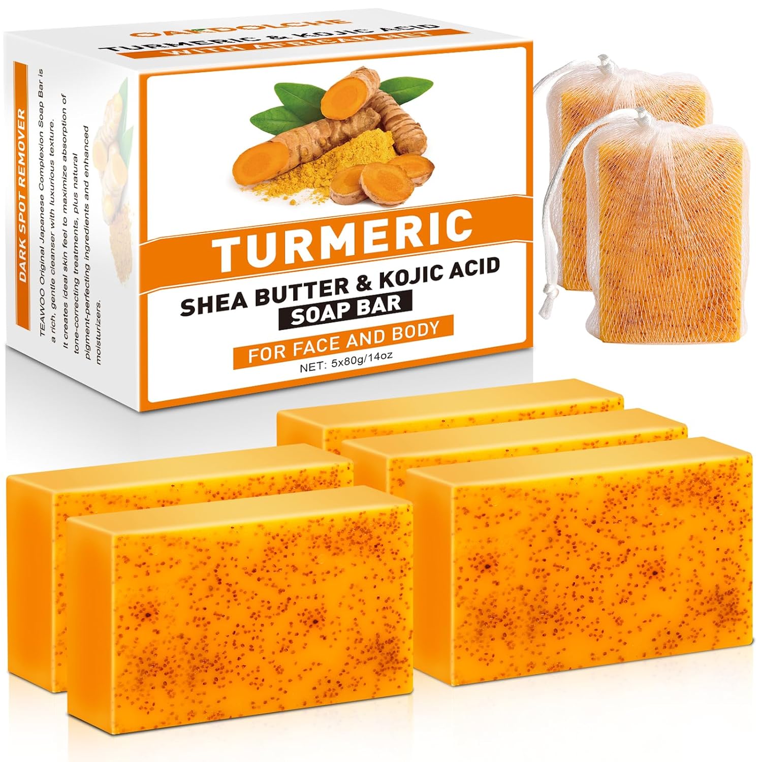 5 Pack Turmeric Kojic Acid Soap Bars(80g) - Infused with Retinol, Hydrolyzed Collagen, Vitamin E & Shea Butter, Gentle Care for Face, Body & Underarms, SLS Free, Suitable for Oily & Dry Skin