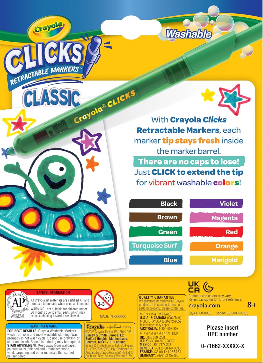 Crayola Clicks Retractable Tip Markers (10ct), Washable Cone Tip Art Marker Set, Easter Basket Stuffer Essentials, Easter Craft Supplies for Coloring Books, Ages 3+