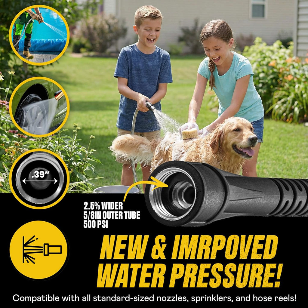 BIONIC STEEL 100 Ft Metal Garden Hose with Sprayer Nozzle, Non Kinking Designed Stainless Steel Heavy Duty Water Hose 100 Ft x 5/8 in. Flexible NON Expandable for Uninterrupted Water Flow, 500 PSI