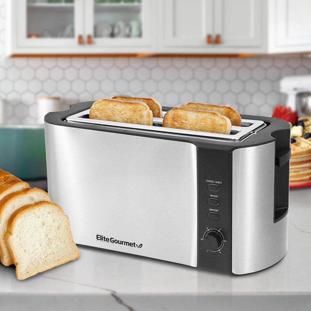 Elite Gourmet ECT-3100 4-Slice Long Slot Toaster | Extra Wide Slots for Bagels, Sourdough & Texas Toast | 6 Browning Settings | Reheat, Defrost & Cancel | Built-In Warming Rack | Stainless Steel