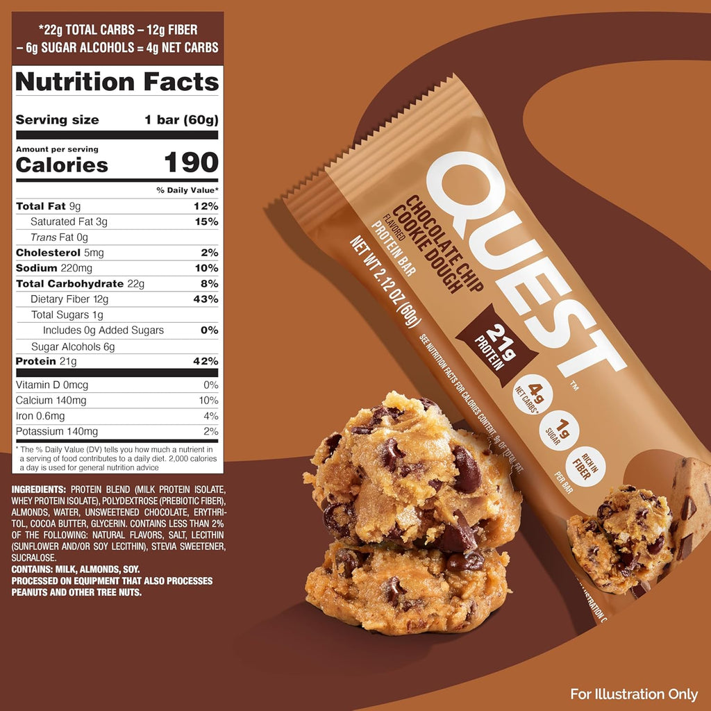 Quest Nutrition Chocolate Chip Cookie Dough Protein Bars, High Protein, Low Carb, Gluten Free, Keto Friendly, 12 Count