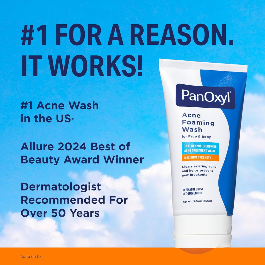 PanOxyl 10% Benzoyl Peroxide Acne Foaming Wash, Maximum Strength, Daily Acne-Fighting Face and Body Cleanser, Face Wash to Clear, Treat and Prevent Acne Pimples and Stubborn Breakouts, 5.5 Oz Tube