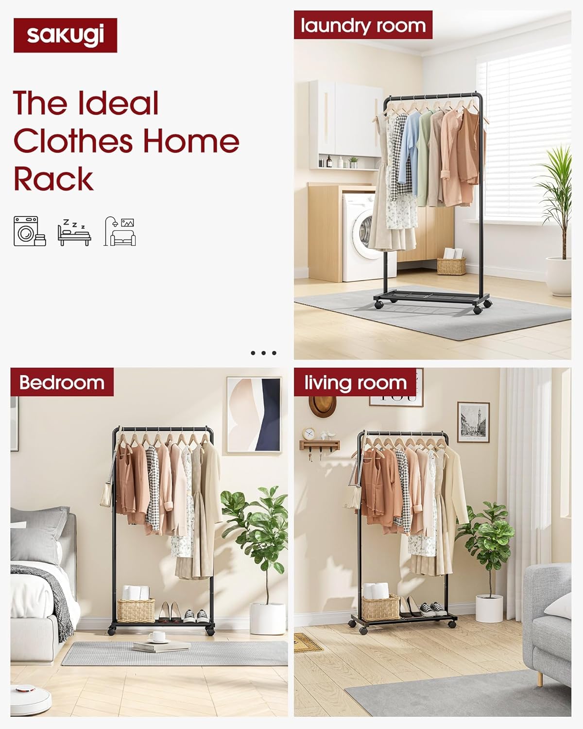 Sakugi Clothes Rack - Clothing Rack with Storage Mesh Shelf & Casters, Heavy-Duty Metal Clothing Rack for Hanging Clothes, Dresses, Coats, Large Load Capacity, Easy Assembly, Black, 28.0"x16.9"x59.0"