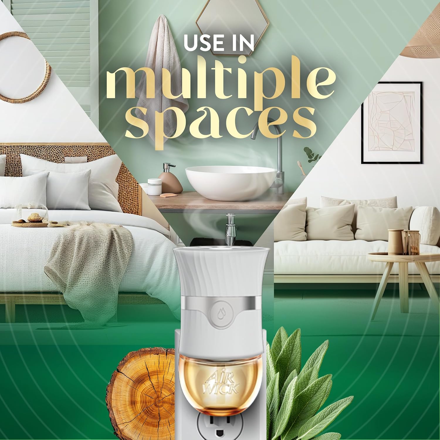 Air Wick Vibrant Plug In Scented Oil Refill, Infused with Essential Oils, Plug In Air Fresheners for Home, White Sage & Mahogany, 4 ct