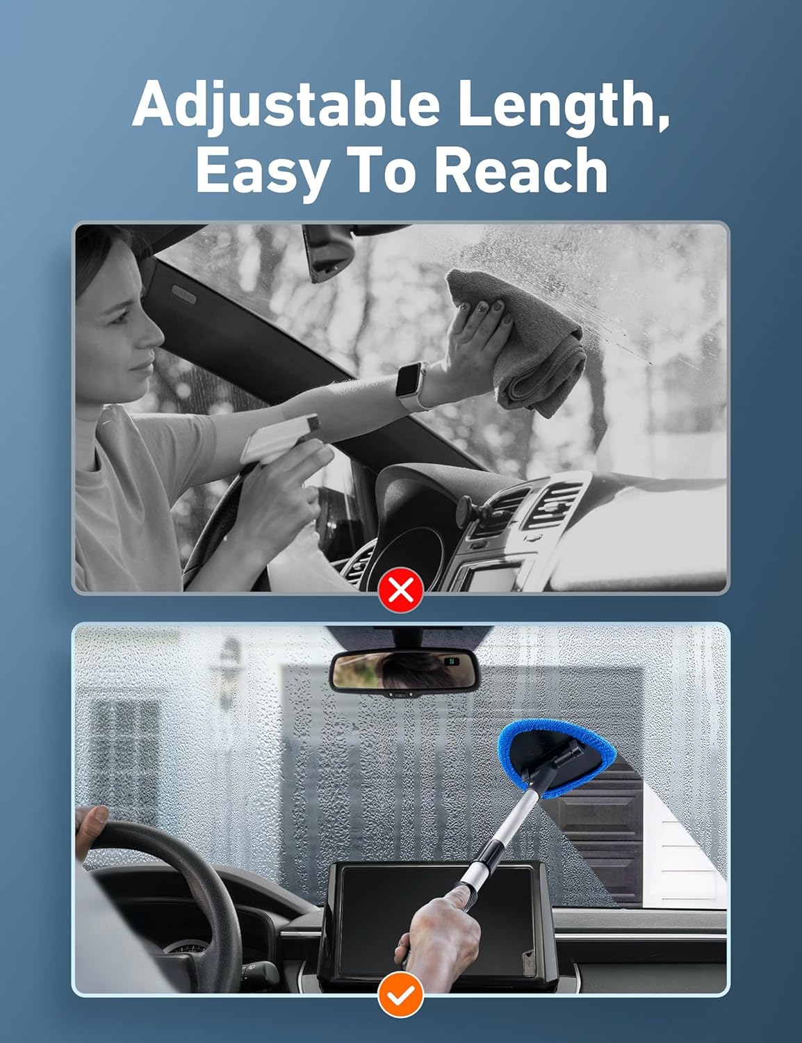 AstroAI Windshield Cleaner Tool, Car Interior Detailing Cleaning Kit with Extendable Handle and 4 Upgraded High-Density Reusable Microfiber Pads, Auto Glass...