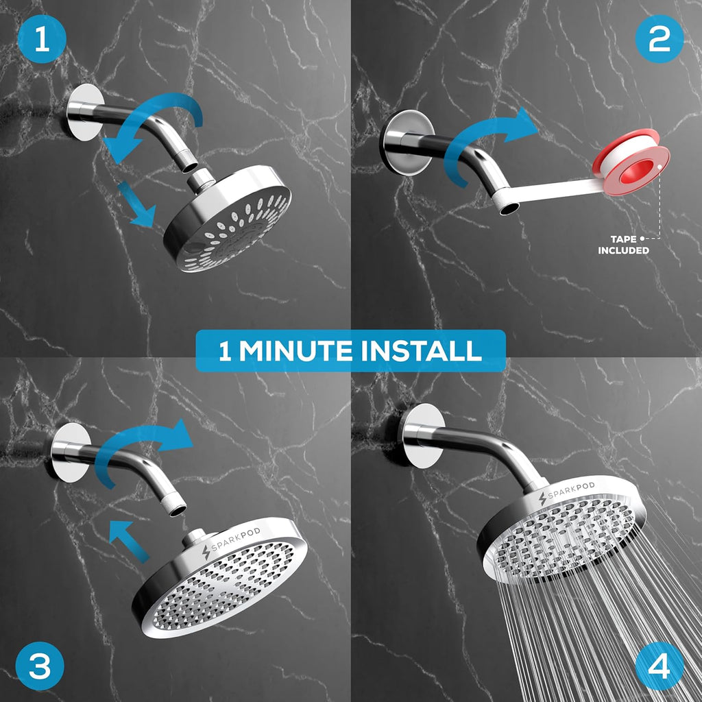 SparkPod Shower Head - High Pressure Rain - Premium Quality Luxury Design - Easy Clean Adjustable Replacement for Your Bathroom Shower Heads (Luxury Polished Chrome, 6 Inch Round)