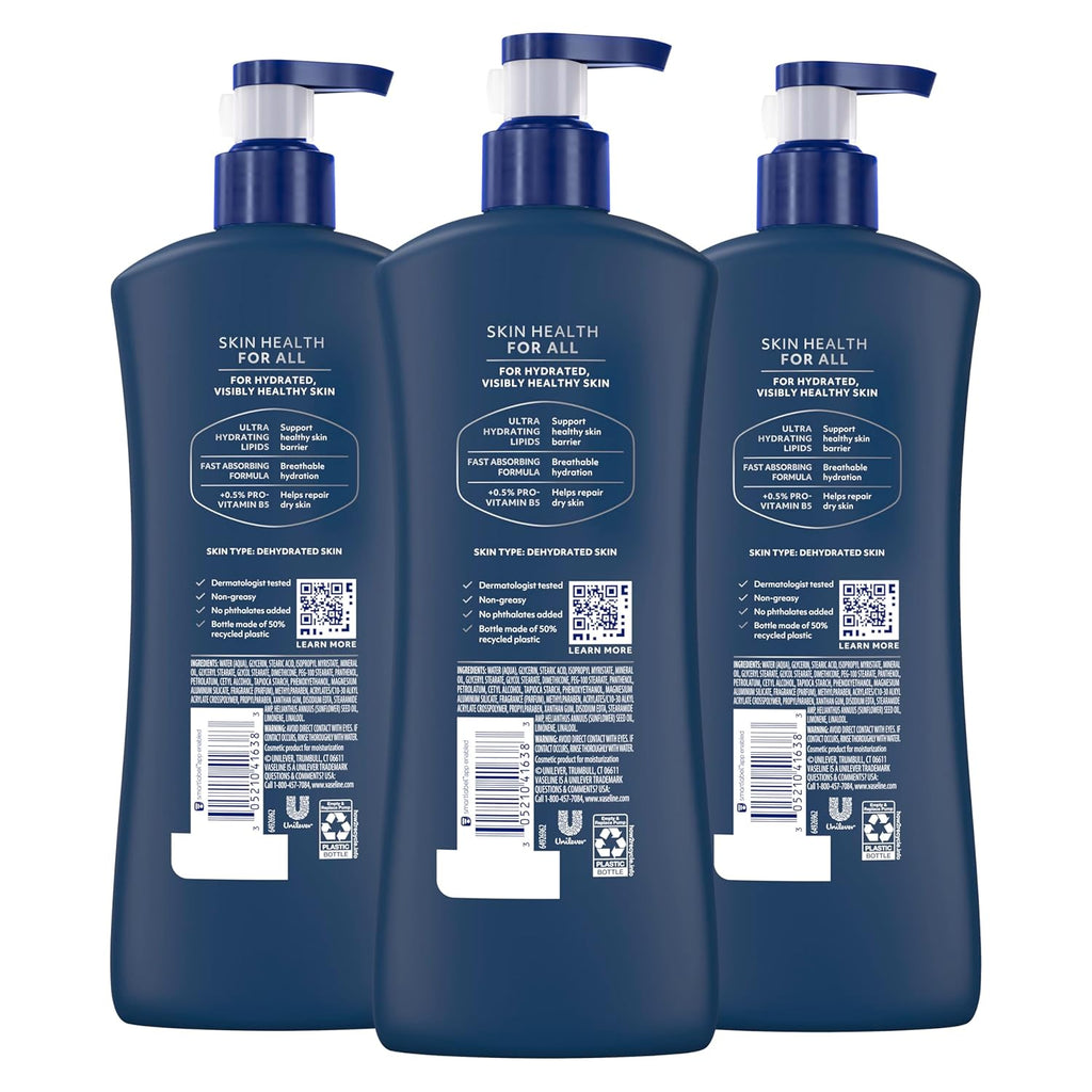 Vaseline Men's Healing Moisture Hand & Body Lotion For Dry or Cracked Skin Fast Absorbing Non-Greasy Lotion for Men 20.3 oz, Pack of 3