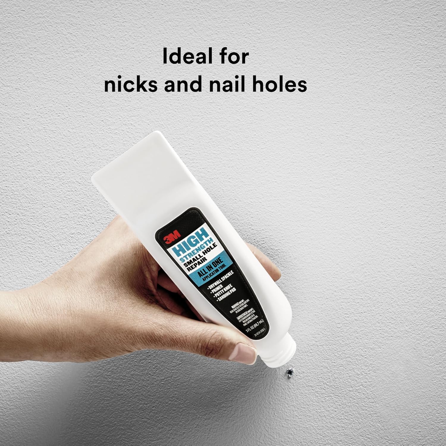 3M Small Hole Repair High Strength, All in One Applicator Tool, 1-Pack, Quick and Easy Repair for Nicks and Nail Holes, Includes Putty Knife, Spackle, and Sanding Pad For Wall Repairs (SHR-3-AIO)