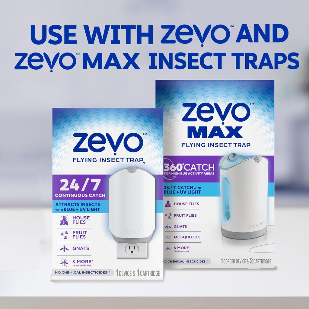 Zevo Flying Insect Trap Official Refill Cartridges - Fits Both Zevo Trap & MAX Indoor Fly Trap - Authentic Trap+Lock Technology to Catch Gnats, House & Fruit Flies (4 Official Refill Cartridges)