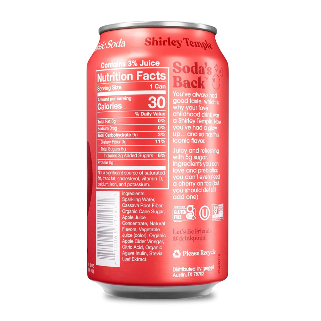 Poppi Sparkling Prebiotic Soda Beverage with Apple Cider Vinegar, Seltzer Water and Fruit Juice, Shirley Temple, 12 Fl Oz, Pack of 12