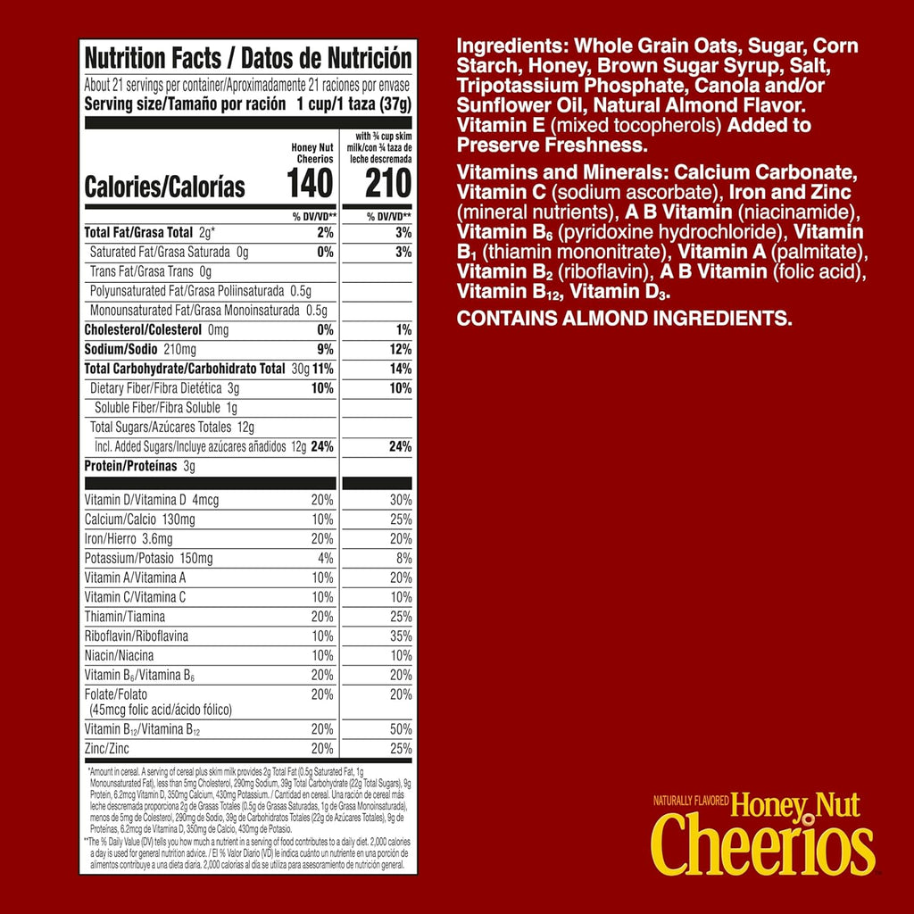 Honey Nut Cheerios, Heart Healthy Gluten Free Breakfast Cereal with Whole Grain Oats, Giant Size, 27.2 oz