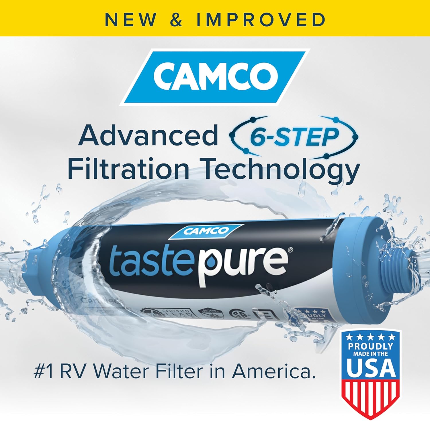 Camco Tastepure RV Water Filter - Advanced RV Inline Water Filter with Flexible Hose Protector - GAC & KDF Filtration - Made in USA - Camping Essentials for Fresh Drinking Water (40043)