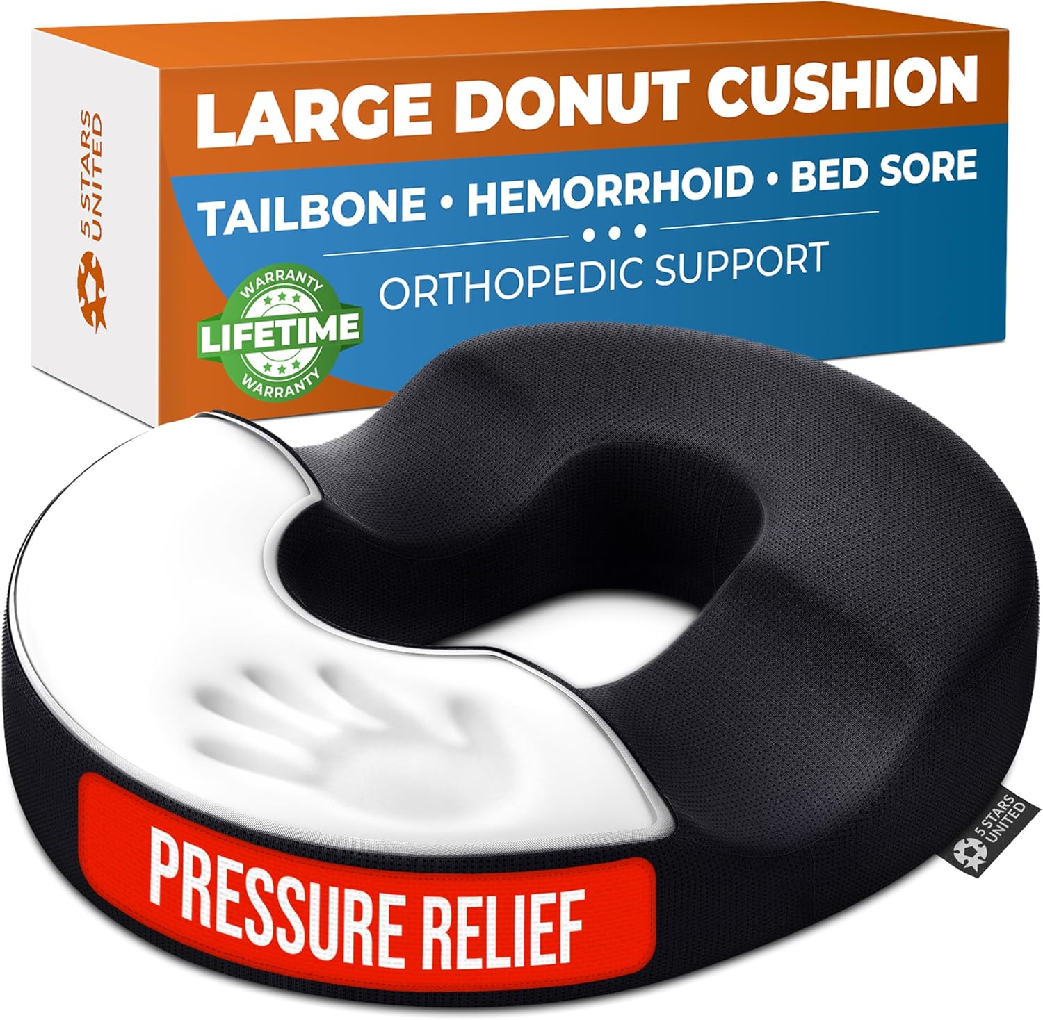 5 STARS UNITED Donut Pillow Hemorrhoid Tailbone Cushion – Large Cushion for Pain Relief – Coccyx, Prostate, Sciatica, Pelvic Floor, Pressure Sores, Pregnancy, Postpartum Recovery, Black