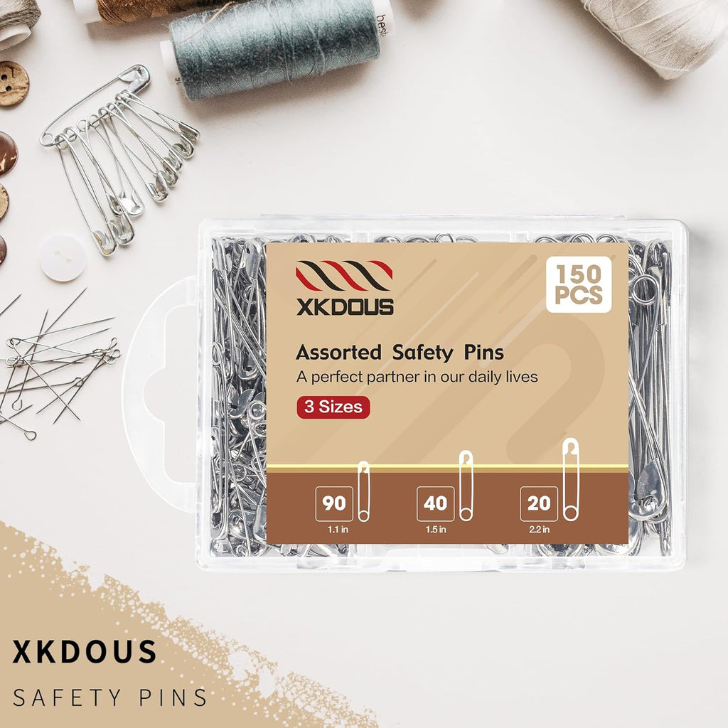 XKDOUS Safety Pins - 150 Pcs Assorted Sizes Silver Pins Bulk - Small & Large Heavy Duty for Clothes, Sewing, Craft