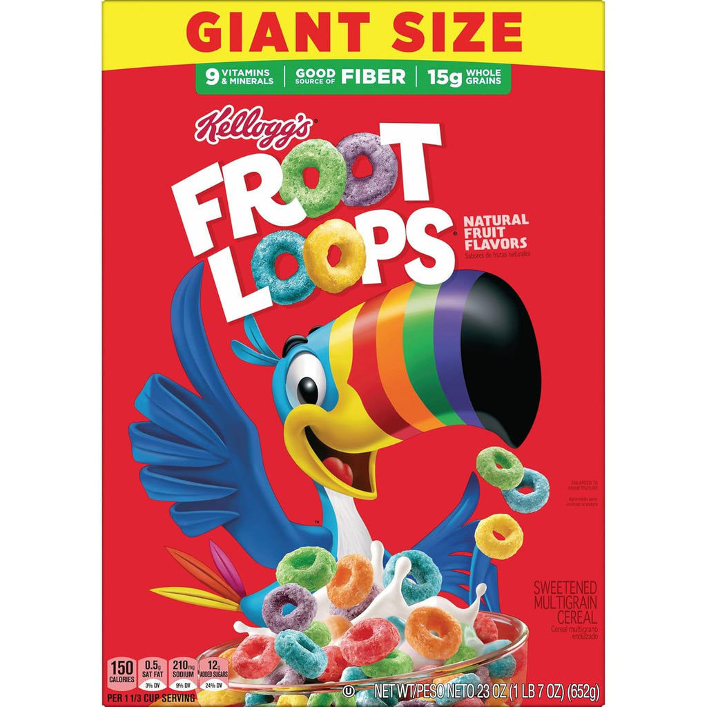 Kellogg's Froot Loops Breakfast Cereal, Good Source of Fiber, 15g Whole Grains, Giant Size, 23 oz