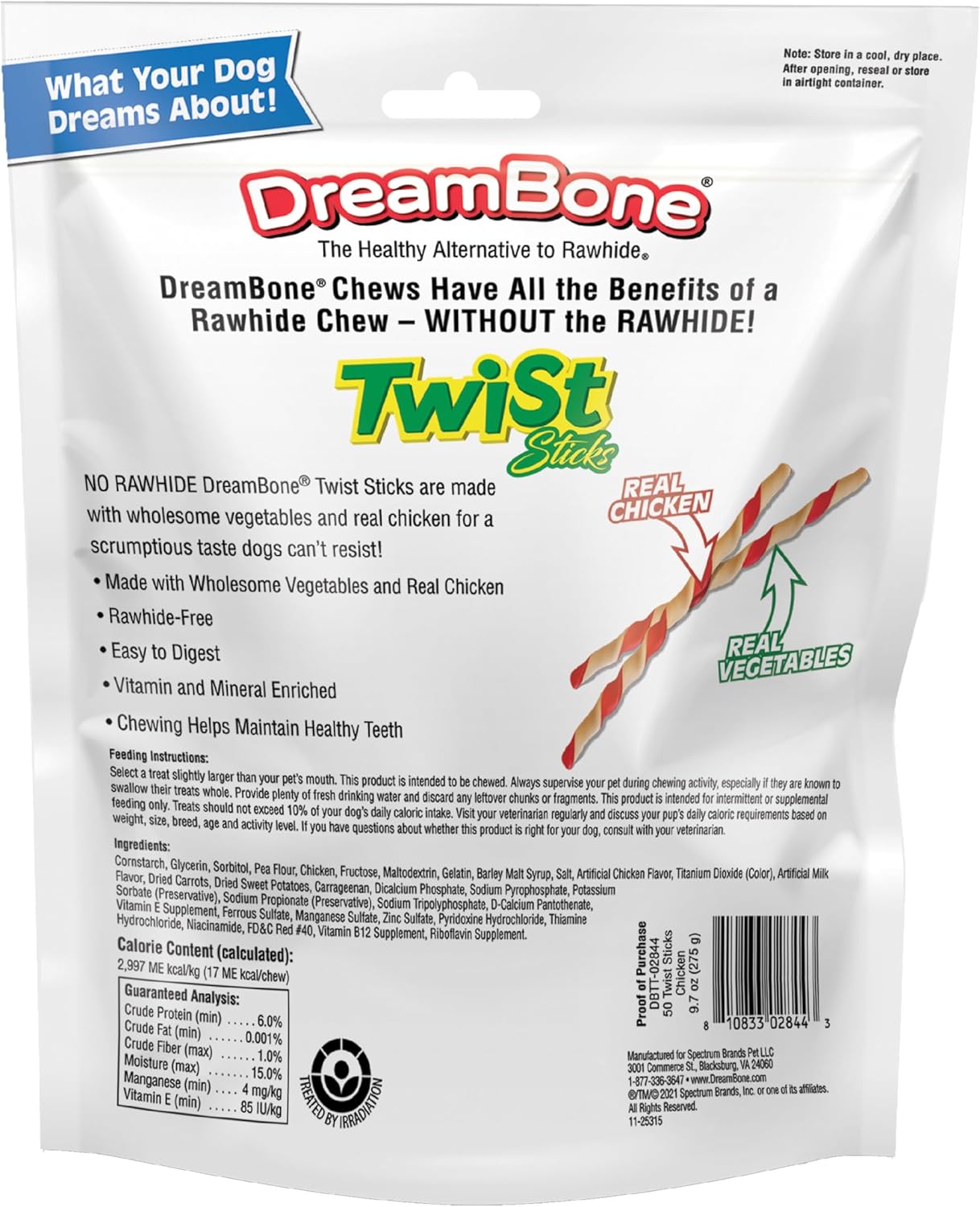 DreamBone Twist Sticks Chews for Dogs, 50 Count, Treat Your Dog to Easy-to-Digest Rawhide-Free Chews Made with Real Vegetables and Chicken