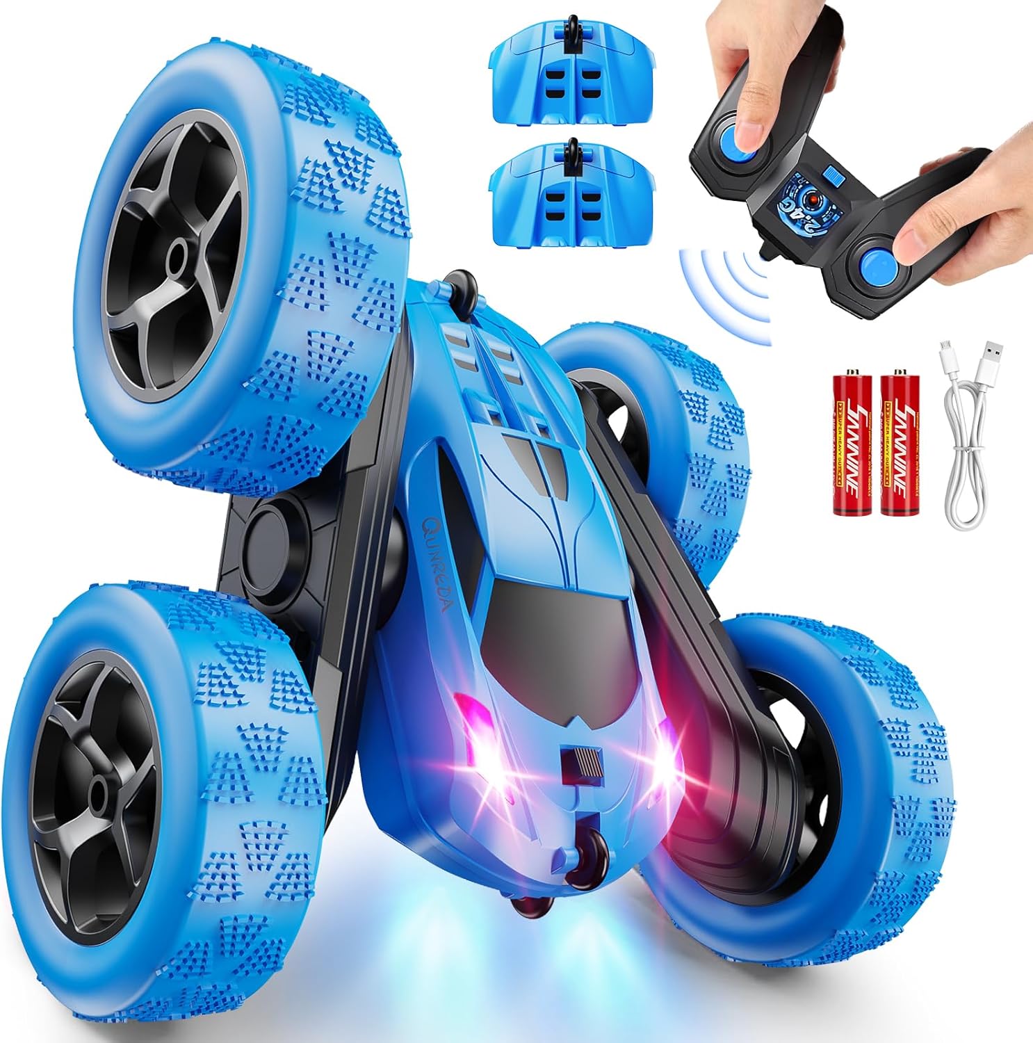 QUNREDA Remote Control Car, RC Cars Toys for Kids Ages 6-12, 4WD Stunt Car with LED Lights & 360° Flips, 2.4GHz, Upgraded USB-C Modular Batteries, 8-10 Year Old Boys Birthday Gift 1-Blue