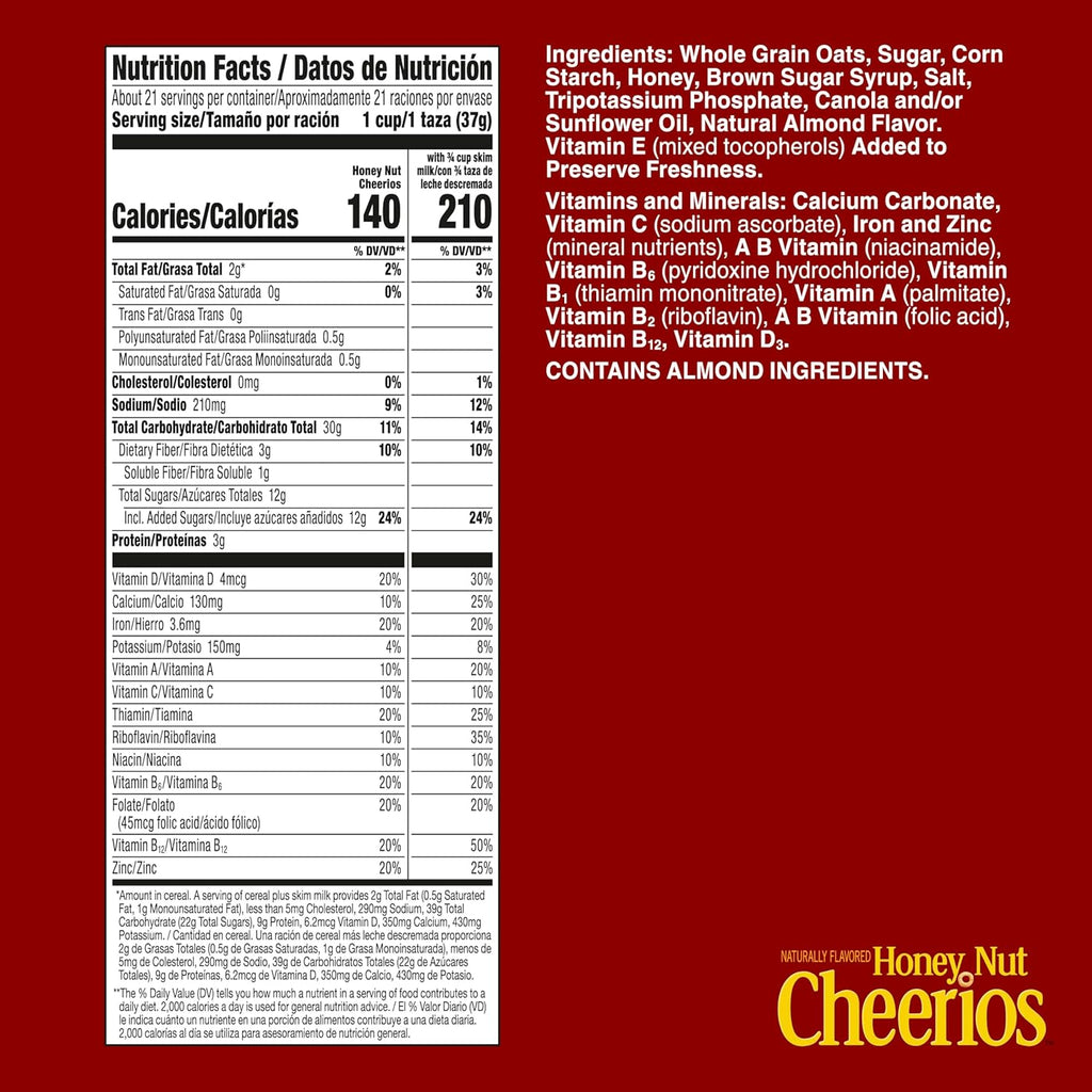 Honey Nut Cheerios, Heart Healthy Gluten Free Breakfast Cereal with Whole Grain Oats, Mega Size, 27.2 oz