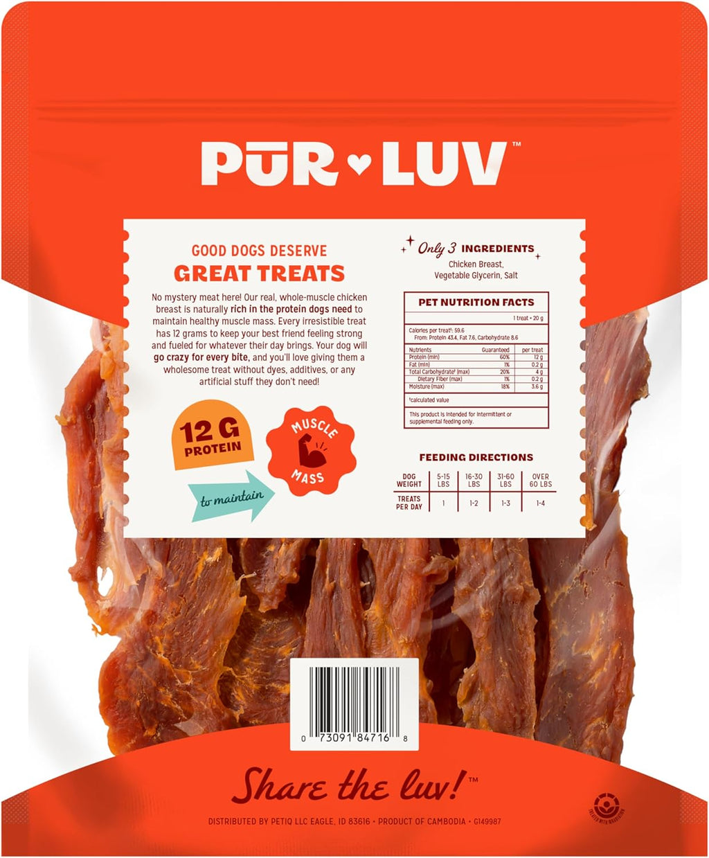 Pur Luv Chicken Jerky Dog Treats, Made with 100% Real Chicken Breast, 16 Ounces, Healthy, Easily Digestible, Long-Lasting, High Protein, Satisfies Dog's Urge to Chew