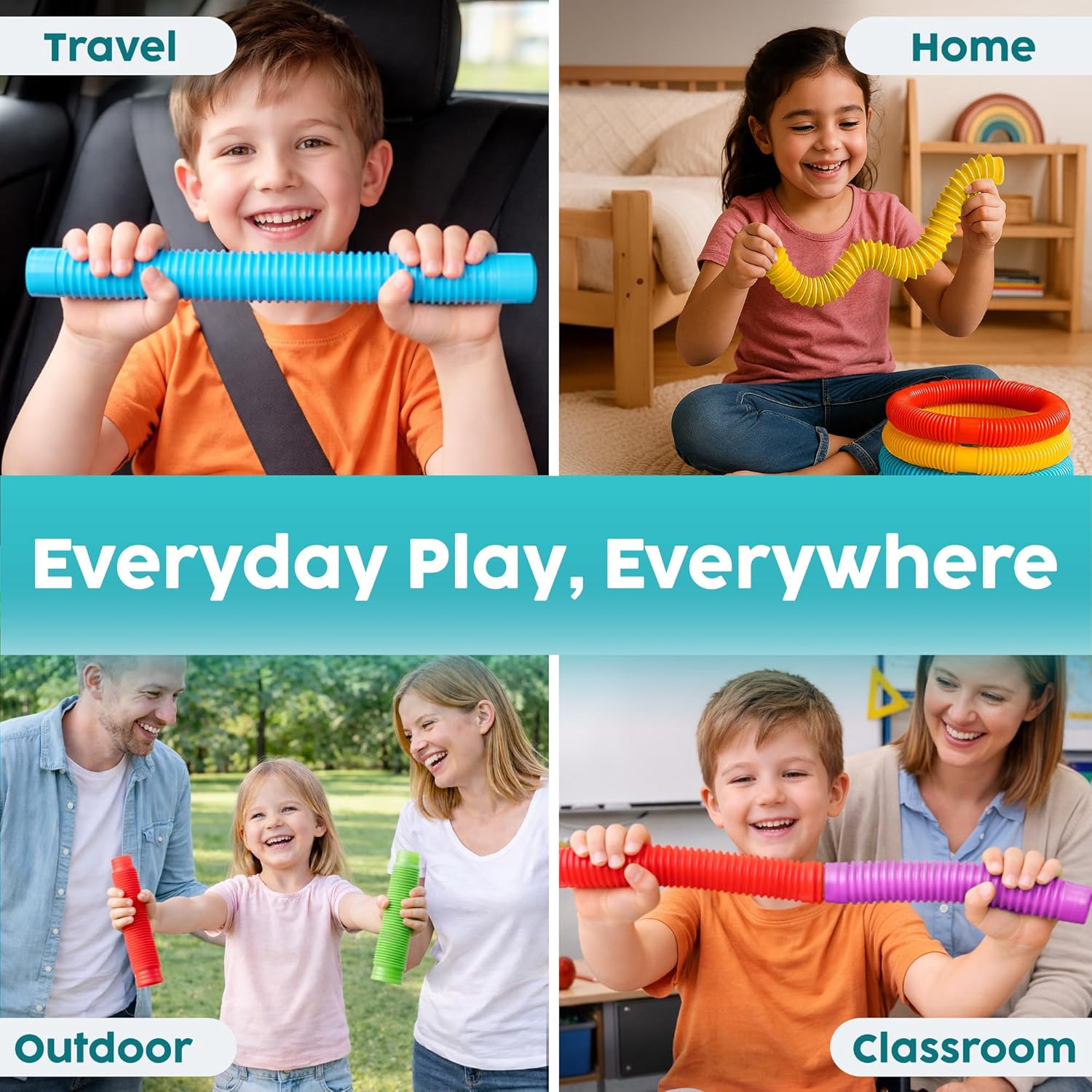 BUNMO Pop Tubes - Sensory Toys - Fidget Toys - Imaginative Play & Stimulating Creative Learning - Hours of Fun for Kids - Tons of Ways to Play - Non-Mouthable Toy 3+ - 4 Pack Large