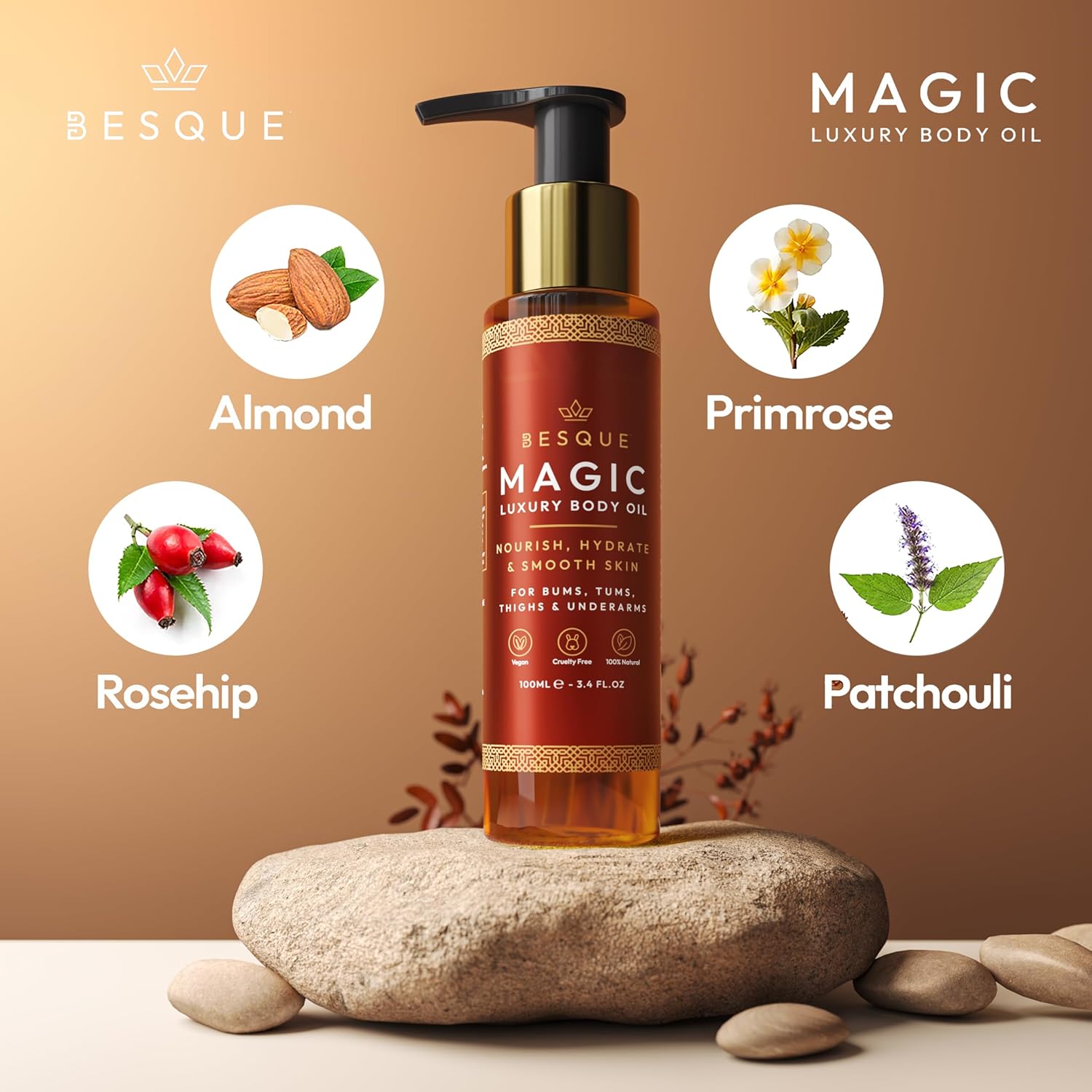 Besque Magic Body Oil, 3.4 FL OZ, After Shower Body Oil For Women, Hydrating Skin Care For Full Body That Plumps, Tightens, and Firms Skin With Natural Ingredients, Luxury Spa Gifts - Pack of 1