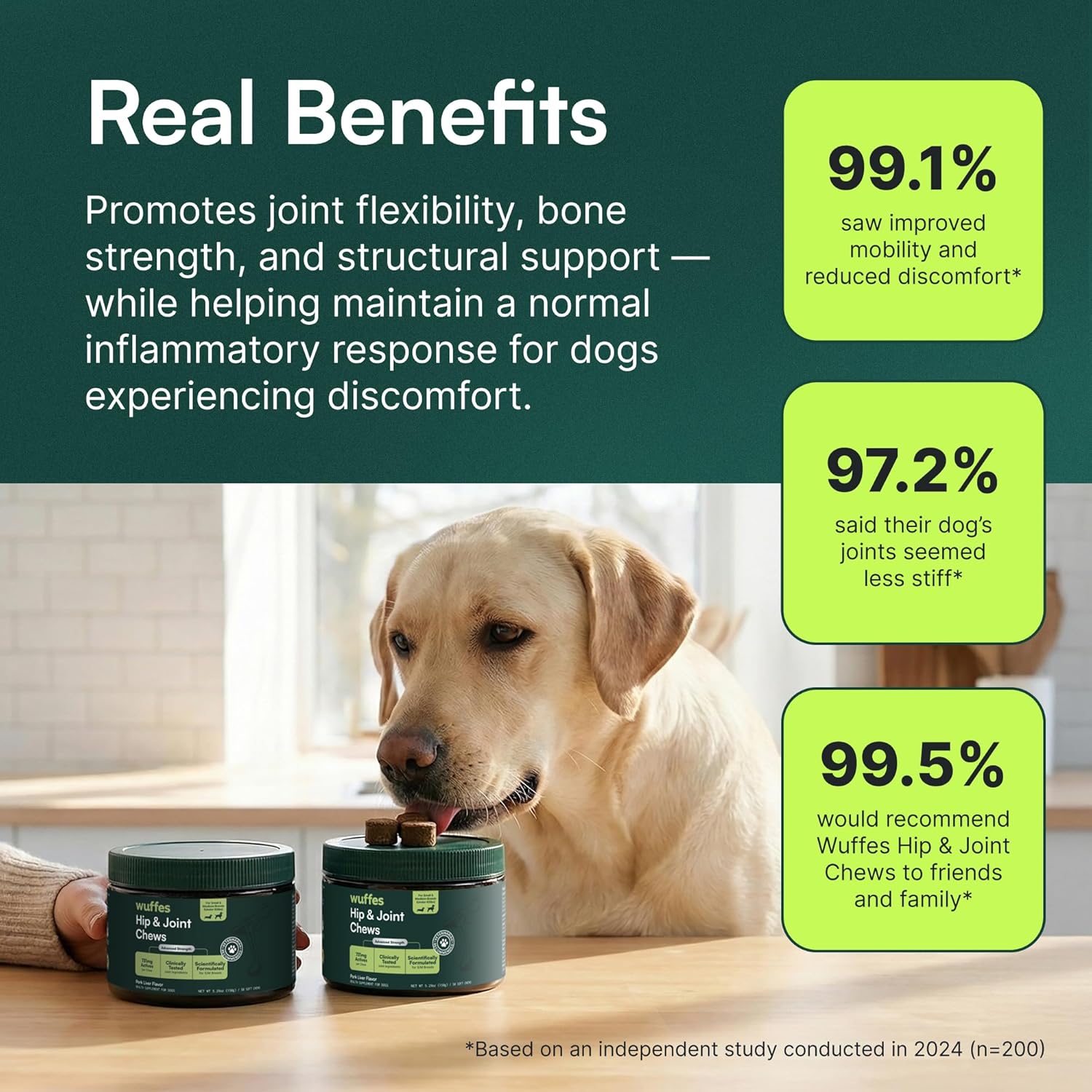 Wuffes Advanced Dog Hip and Joint Supplement with Glucosamine, Chondroitin, Omega 3, MSM, and Green Lipped Mussel, 60 Pork Flavored Chews for Small and Medium Dog Breeds