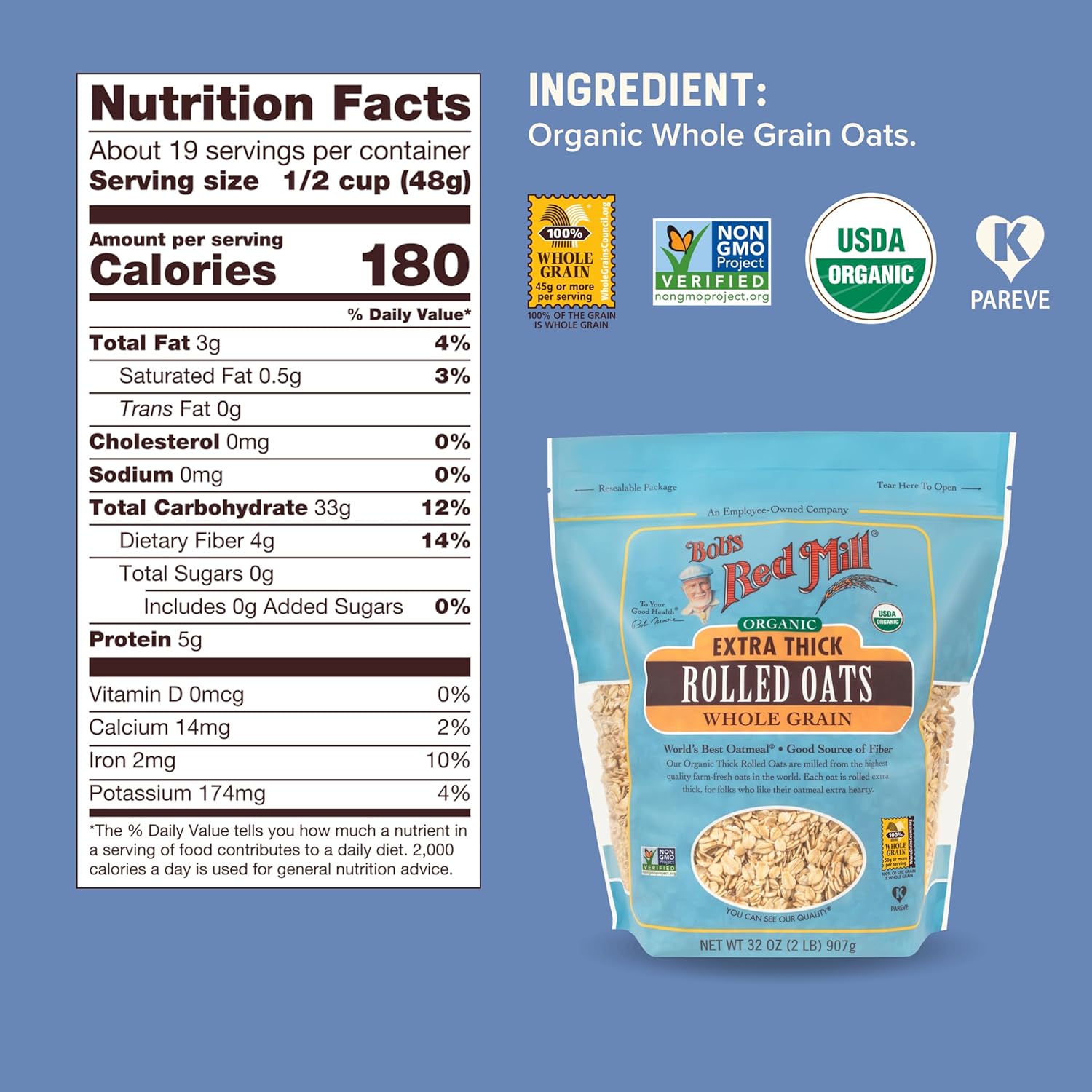 Bob's Red Mill Organic Extra Thick Rolled Oats, 32oz (Pack of 4) - Non GMO, Whole Grain, Vegan, Kosher