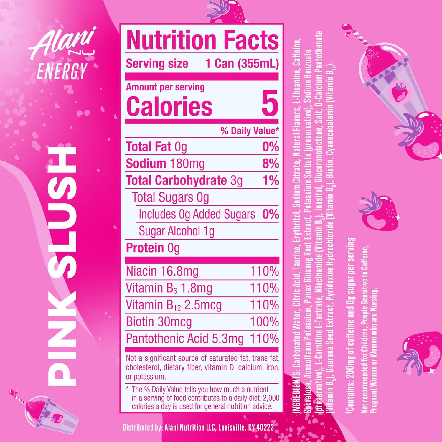 Alani Nu PINK SLUSH, Sugar Free, Low Calorie Energy Drinks, 200mg Caffeine, Biotin, B Vitamins, Zero Sugar, 10 Calories, 12 Fl Oz Cans, 12 Pack