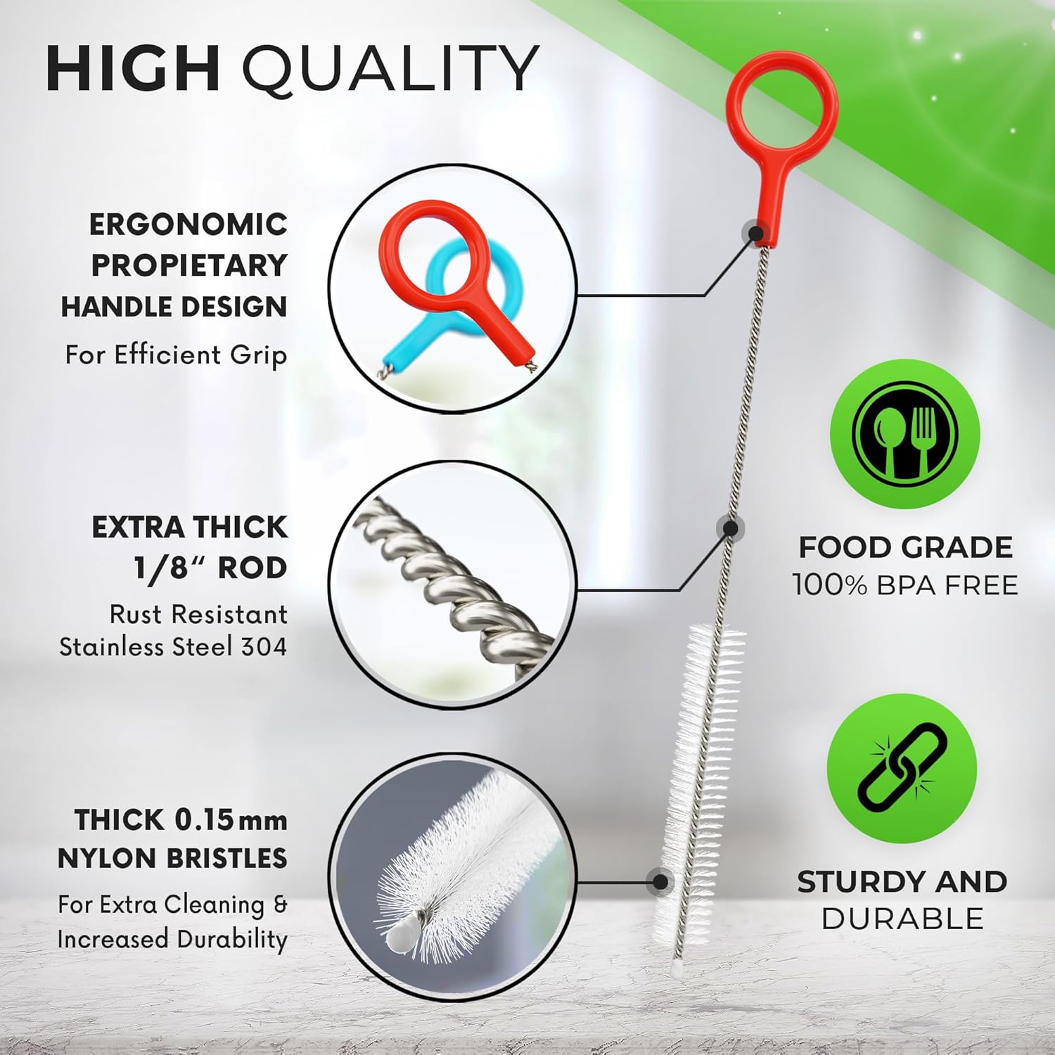 Buenalife Heavy Duty Cleaning Brushes Set of 4 - Extra Long Straw Cleaners for Metal and Plastic Reusable Drinking Straws, to Clean Small Spaces, Sippy Cups, Water Bottles - Sturdy Hard Brush Bristles