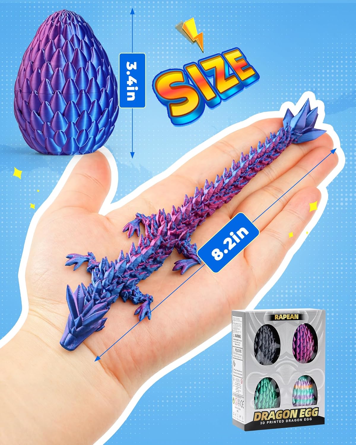 Rapean 8" 3D Printed Dragon Eggs, Easter Basket Stuffers for Kids and Teens, Articulated Dragon Toys for Children, Unique Easter Gifts for Boys & Girls (4Pack)