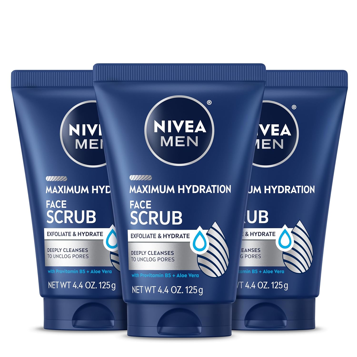 NIVEA MEN Maximum Hydration Face Scrub with Provitamin B5 and Aloe Vera, Exfoliating Face Wash Deeply Cleanses to Unclog Pores, 4.4 Oz Tube, Pack of 3