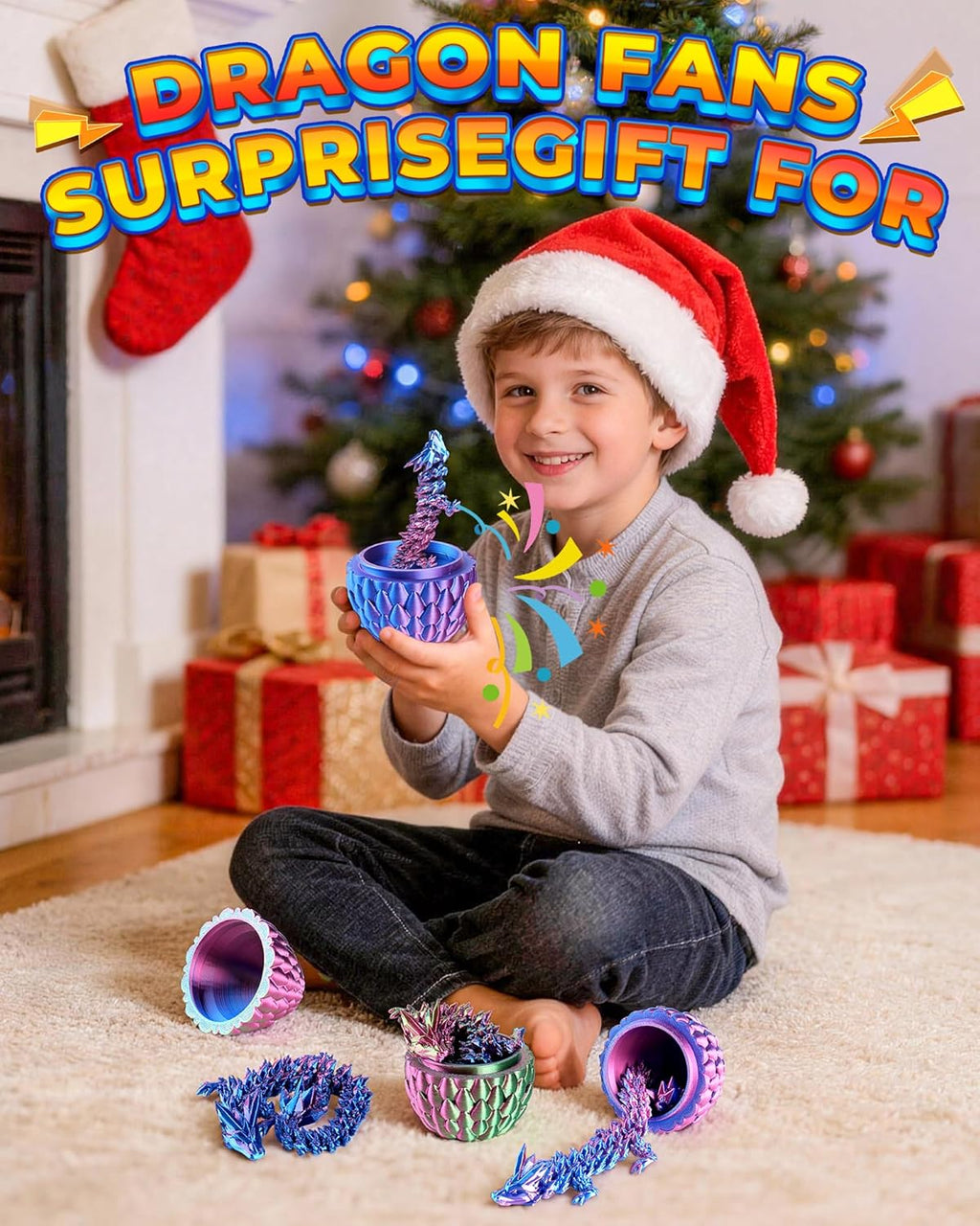 Rapean 8" 3D Printed Dragon Eggs, Easter Basket Stuffers for Kids and Teens, Articulated Dragon Toys for Children, Unique Easter Gifts for Boys & Girls (4Pack)