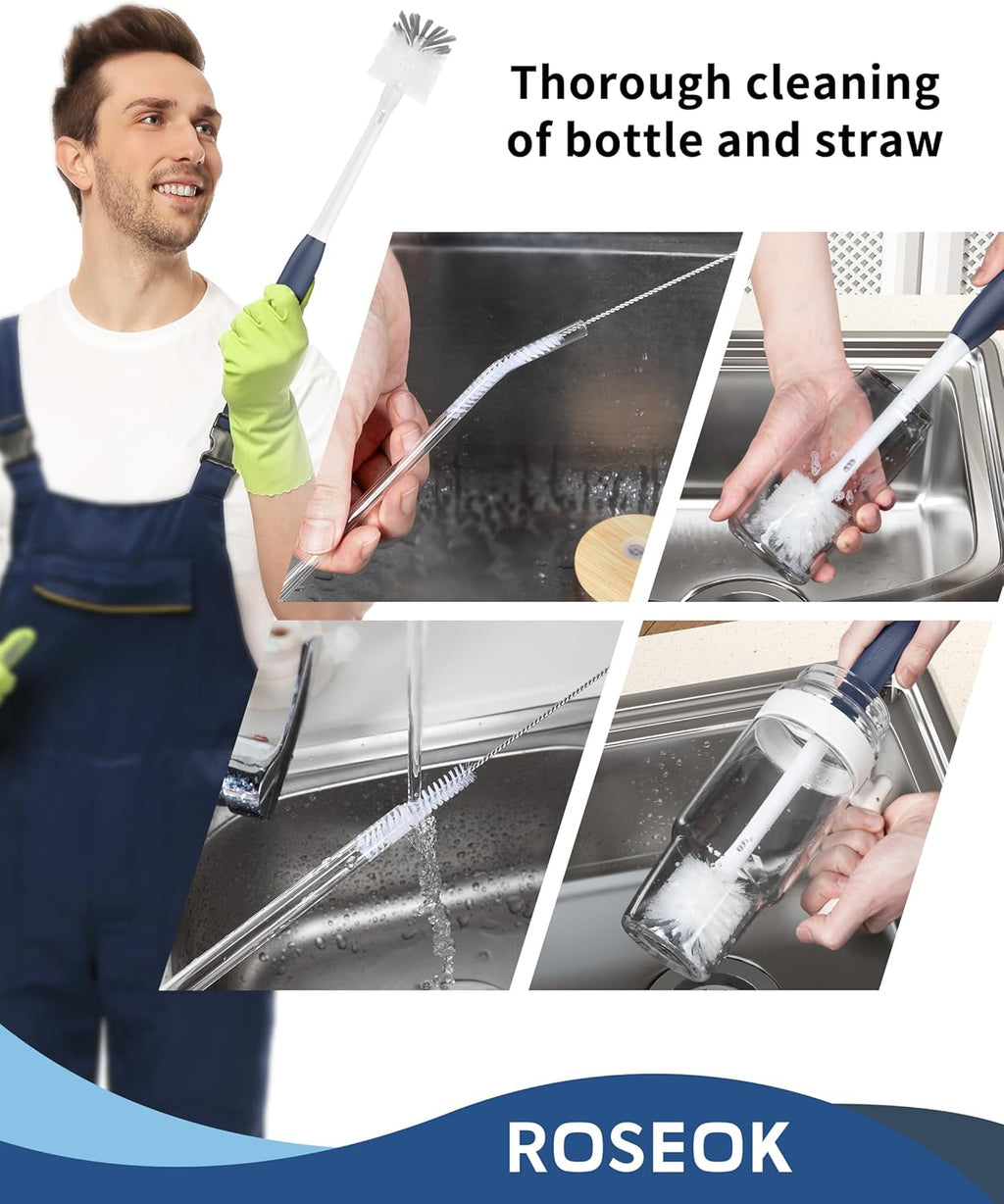 ROSEOK 2 in 1 Long Handle Bottle Brush with Straw Brush for Cleaning Glass, Sports Bottle, Coffee Mug,Navy Blue,1 Pack