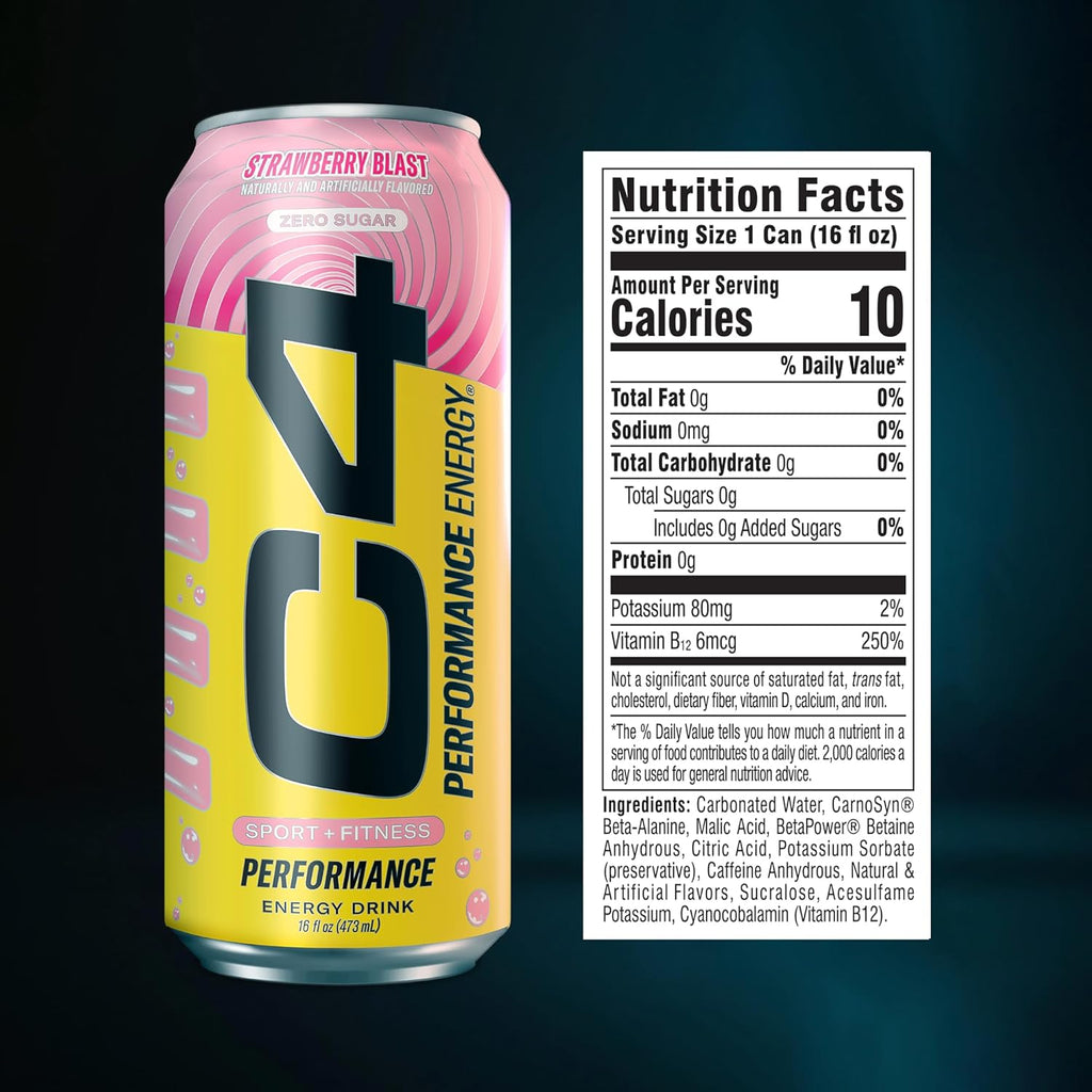 C4 Performance Energy Drink | Strawberry Blast | Zero Sugar Carbonated Preworkout Energy | 200mg Caffeine with Beta Alanine | 16 Fl Oz (12 Pack)