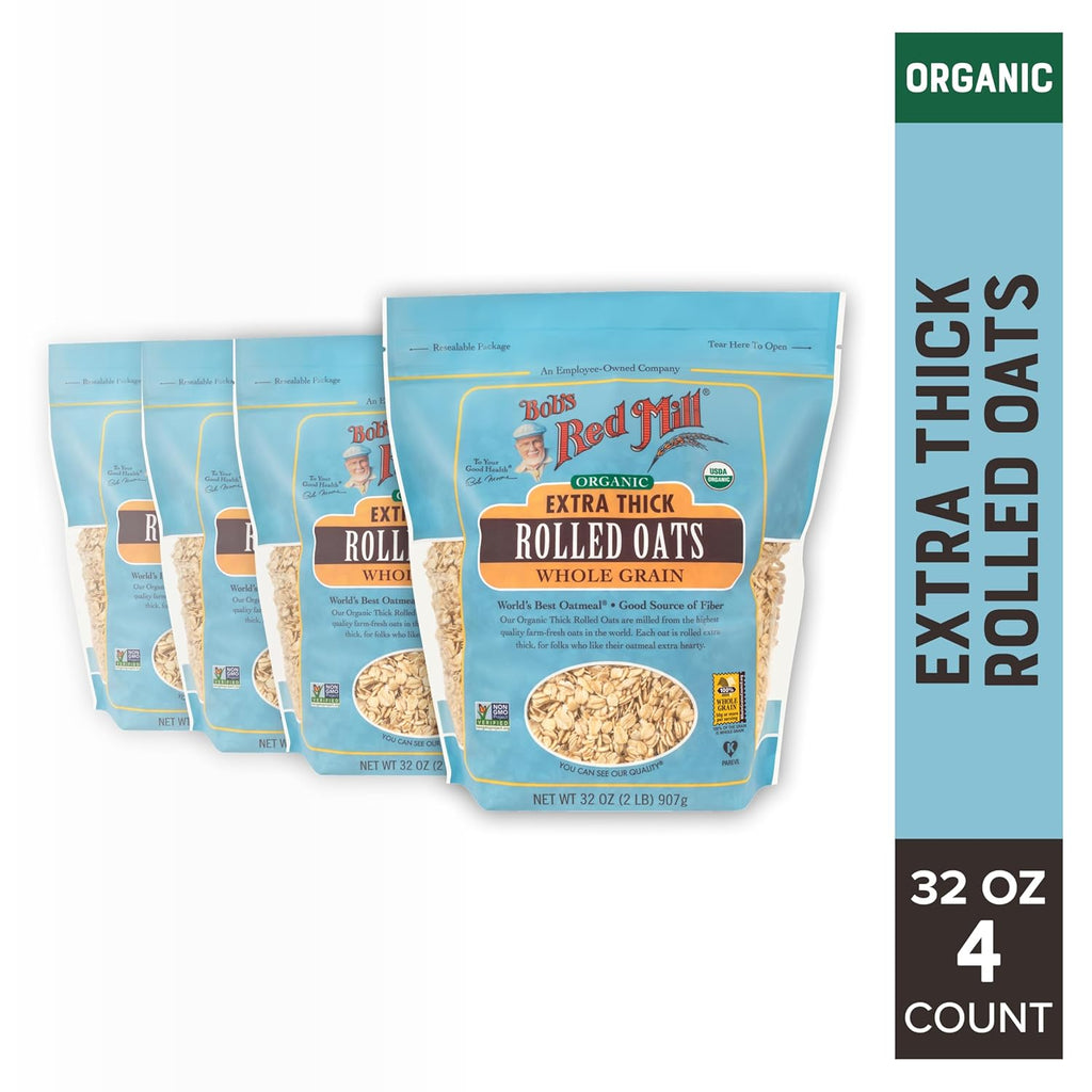 Bob's Red Mill Organic Extra Thick Rolled Oats, 32oz (Pack of 4) - Non GMO, Whole Grain, Vegan, Kosher