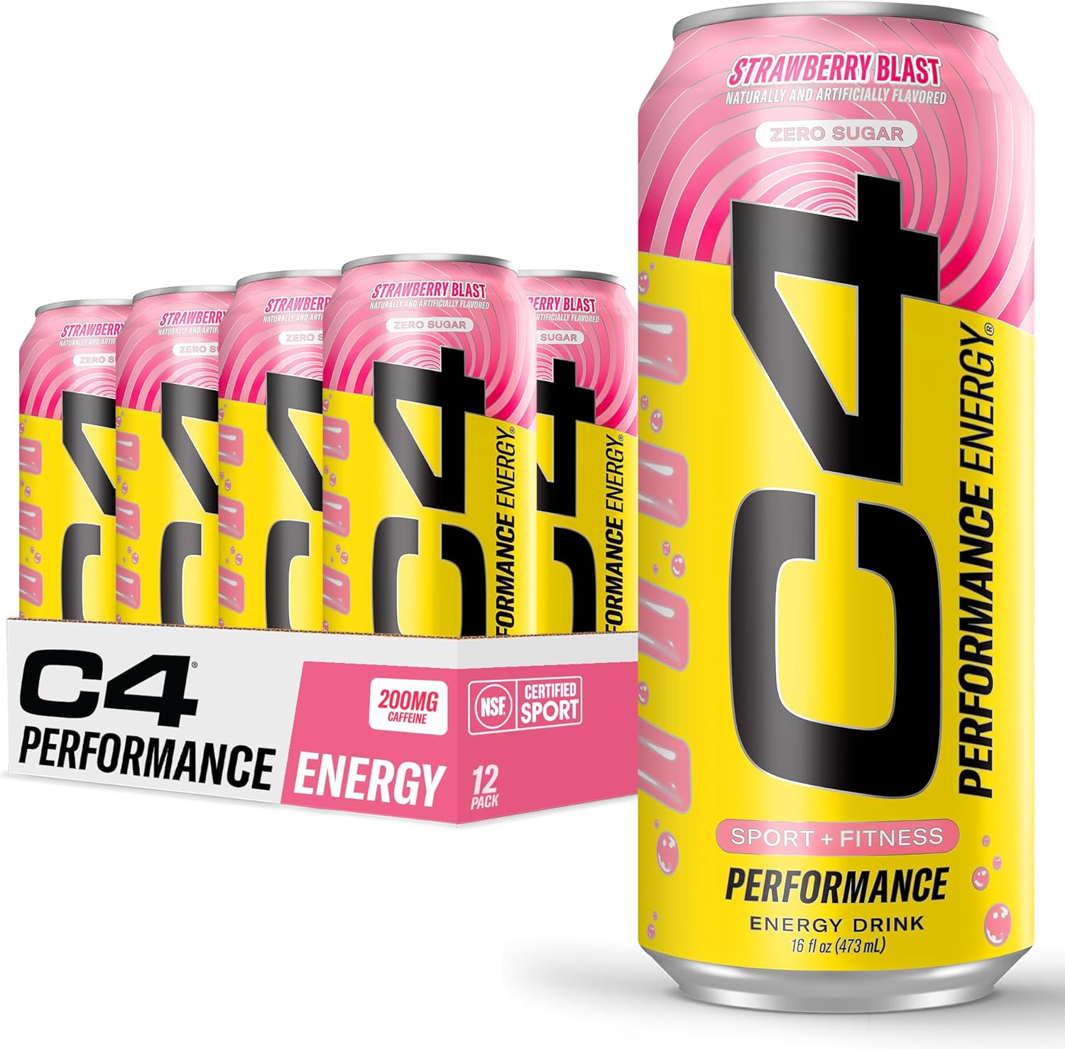C4 Performance Energy Drink | Strawberry Blast | Zero Sugar Carbonated Preworkout Energy | 200mg Caffeine with Beta Alanine | 16 Fl Oz (12 Pack)
