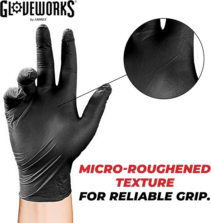 GLOVEWORKS Black Nitrile Gloves 5 Mil Disposable, Latex Free, Textured Grip for Food Service, Cooking, Professional Cleaning