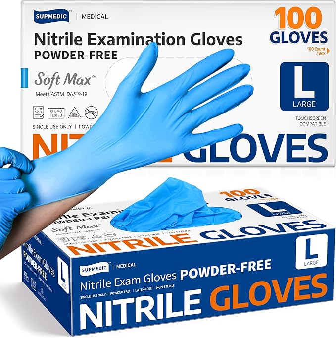 Supmedic Medical Soft Max™ Nitrile Exam Gloves, 100 Count Latex-Free Powder-Free Non-Sterile Food Safe Disposable Glove, Blue