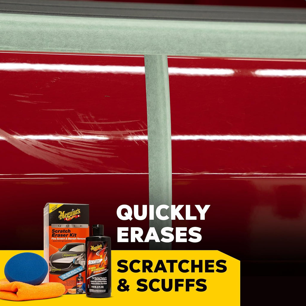 Meguiar's Quik Eraser Kit, Car Scratch Remover for Repairing Surface Blemishes, Car Scratch Repair Kit with ScratchX, Drill-Mounted Pad, and Microfiber Towel, 4 Count