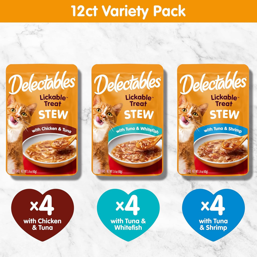 Delectables Lickable Treat Stew Wet Cat Treat Variety Pack, Food Topper, Hydrating, Grain-Free, No Fillers, No By-Products, No Added Preservatives, 1.4oz Pouch, 12ct