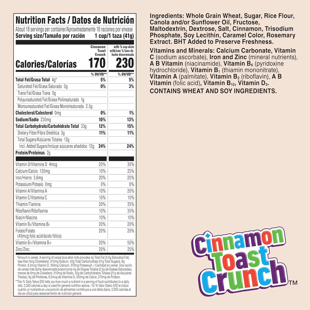 Cinnamon Toast Crunch Breakfast Cereal, Crispy Cinnamon Cereal, Mega Size, 27 oz