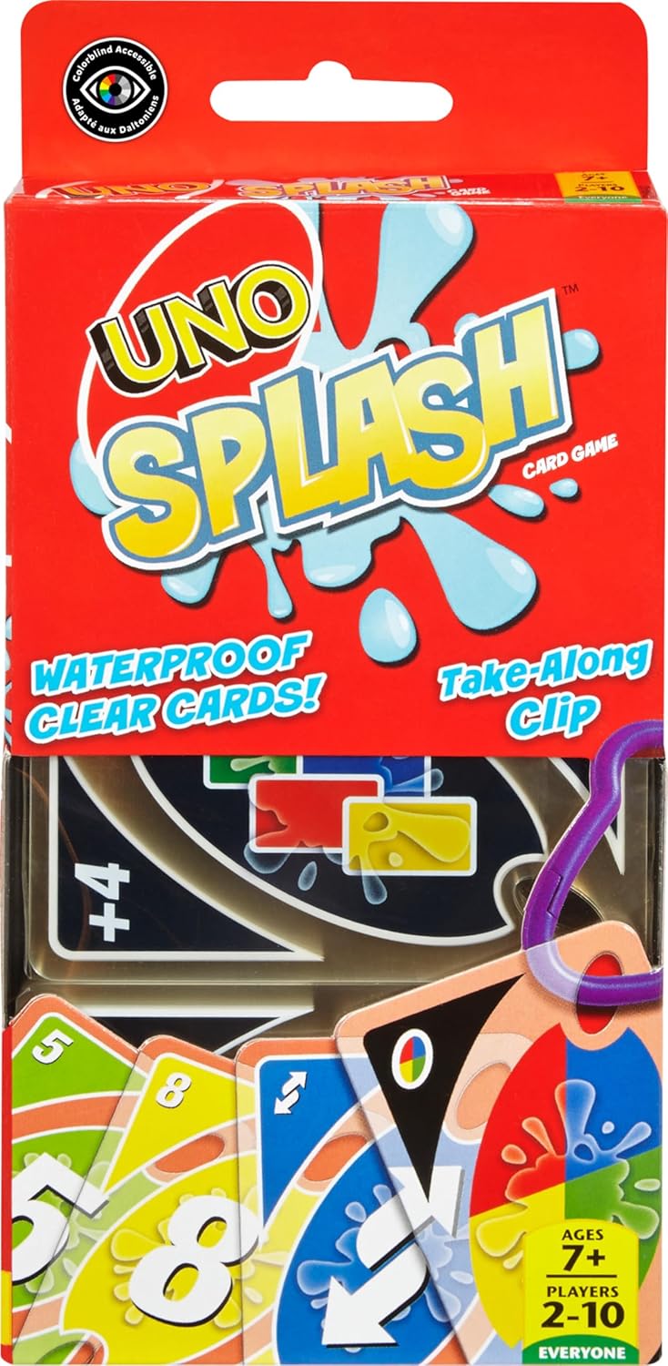 Mattel Games UNO Splash Card Game with Waterproof Cards and Portable Clip for Travel, Camping and Game Nights Away