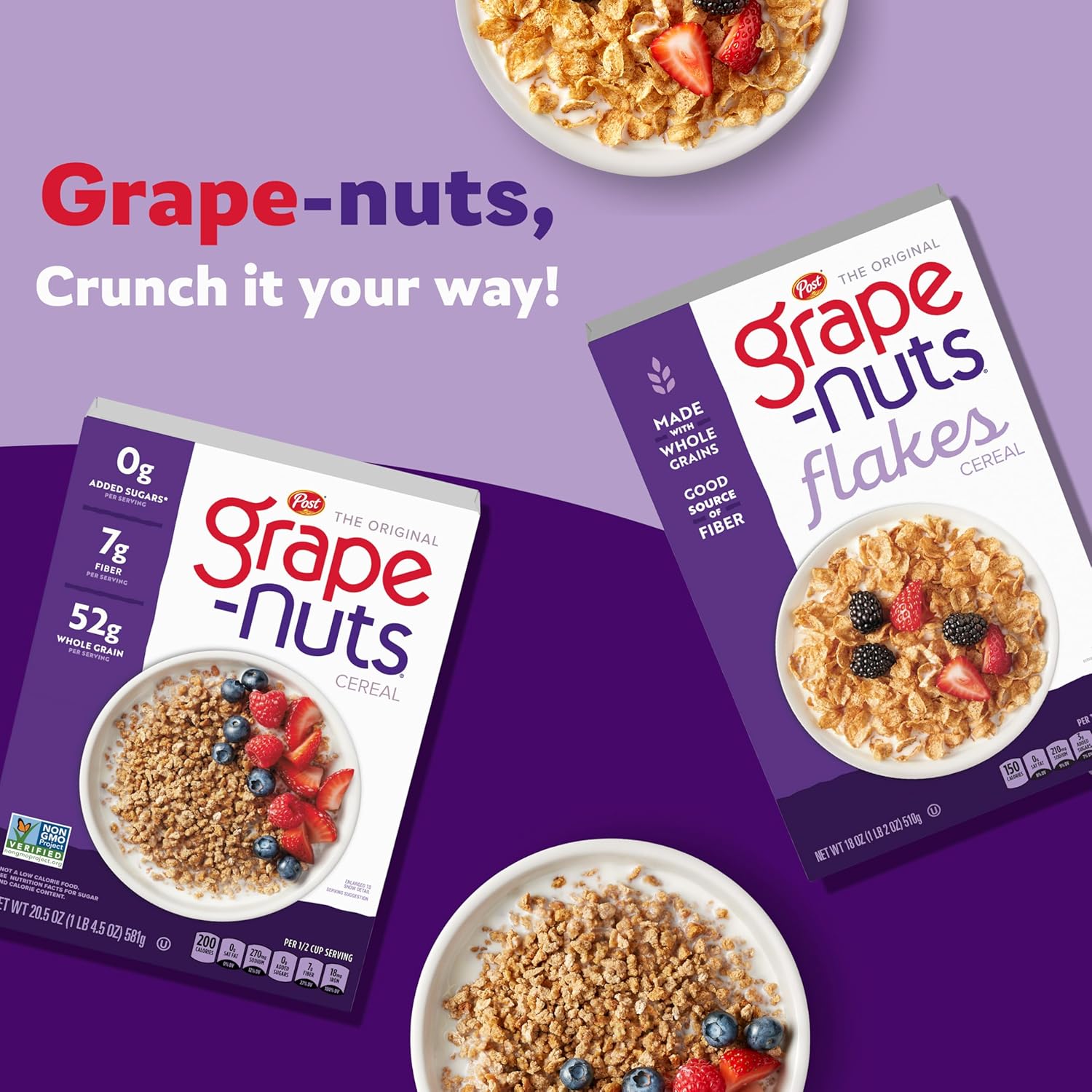 Grape-Nuts Original Cereal, Crunchy Whole Grain Wheat and Barley, Non-GMO, 20.5 oz Box