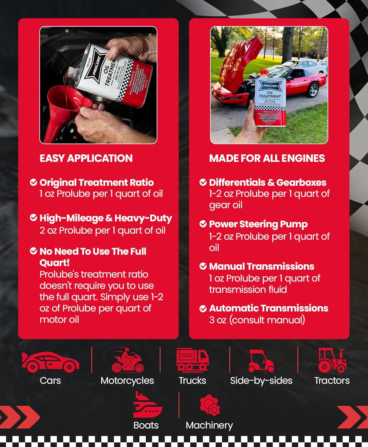 Prolube Oil Treatment - Engine Oil Additive for Gas & Diesel Engines - Reduces Wear, Noise, Vibration - Boosts Fuel Economy & Horsepower - Works on Transmissions & Differentials (1QT)